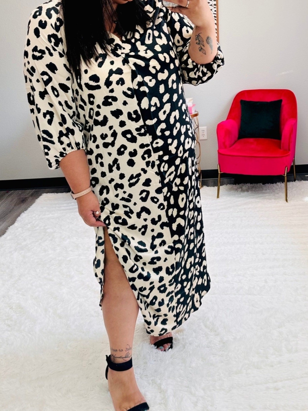 New Oddi Leopard Love Print Split Midi Dress in Black and Cream Size Large